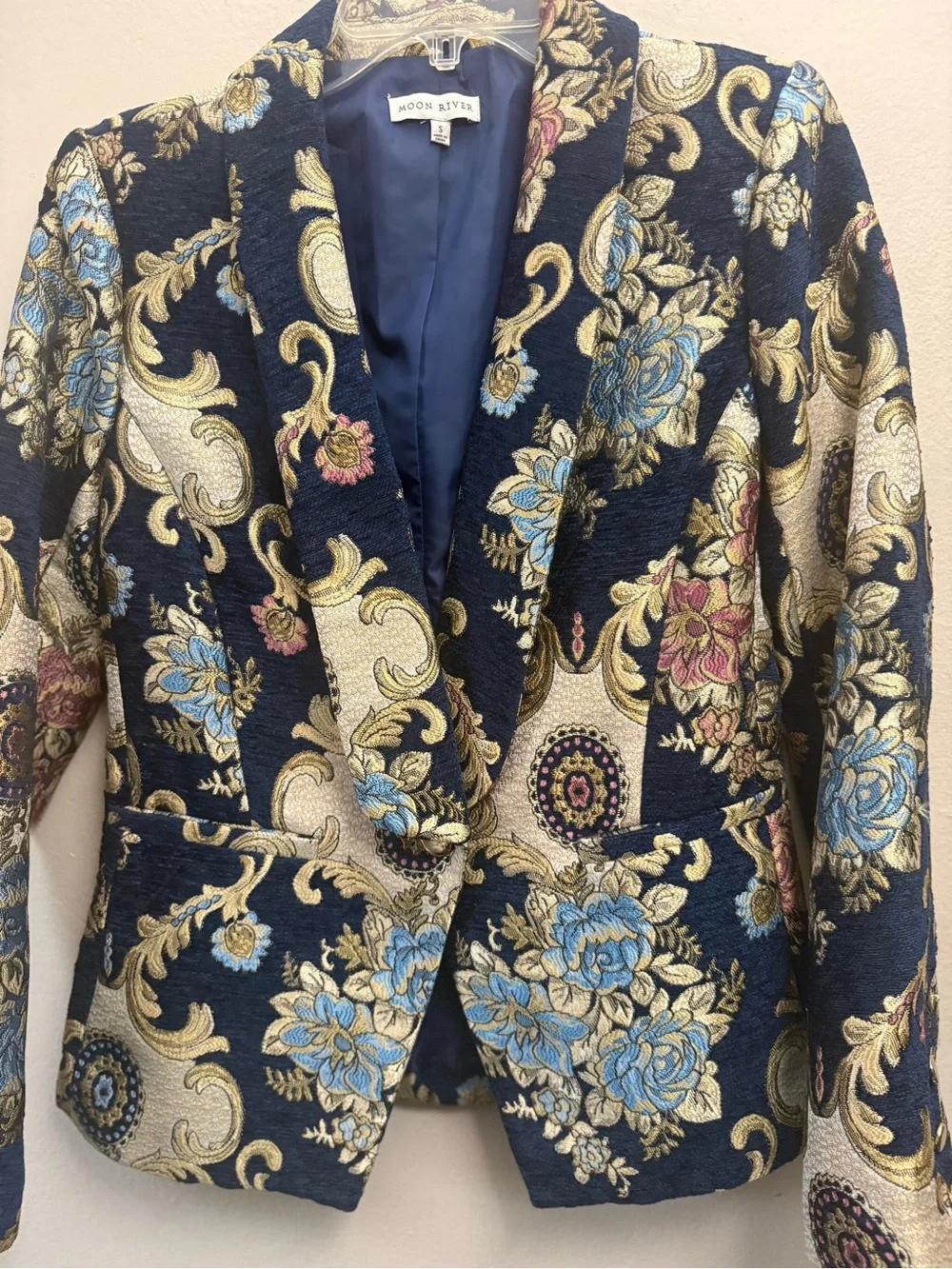 Moon River Navy Floral Jacquard Blazer with Gold Accents - Picture 3 of 8